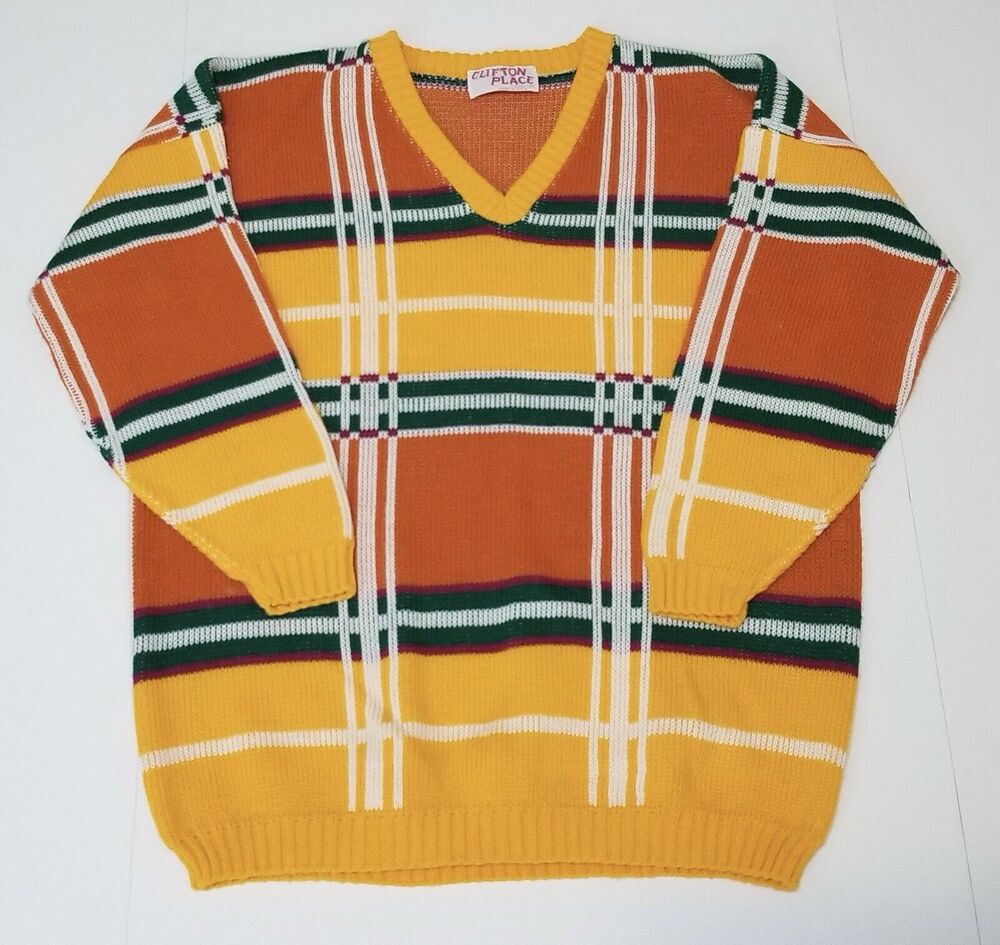 VTG Clifton Place Plaid Multicolor V-Neck Sweater Mens Size 32 Bohemian USA Made